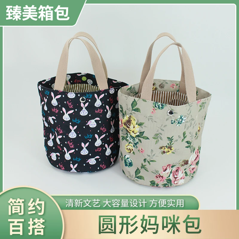 上班族圆形手提包便携铝箔圆筒饭盒包午餐加厚抽绳防水百搭帆布带