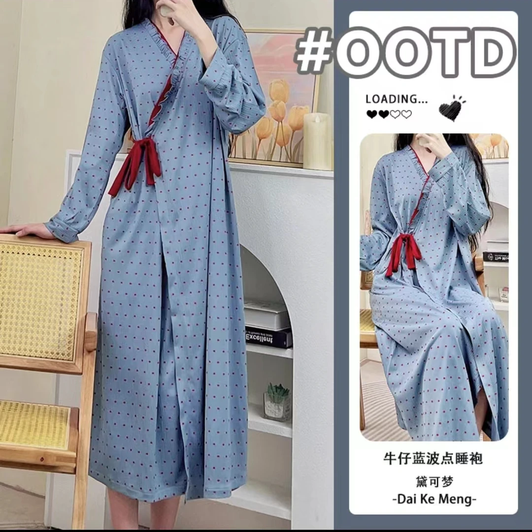 春秋V领皱皱新中式舒适家居服可外穿睡裙睡袍H5503