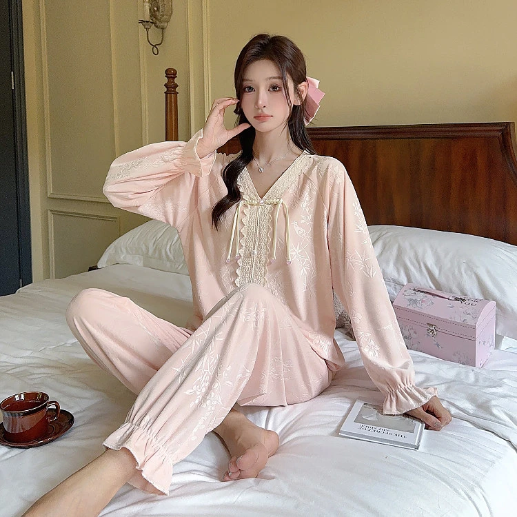 海岛绒2024年秋冬女睡衣新款新中式可外穿睡衣套装-3627#粉色