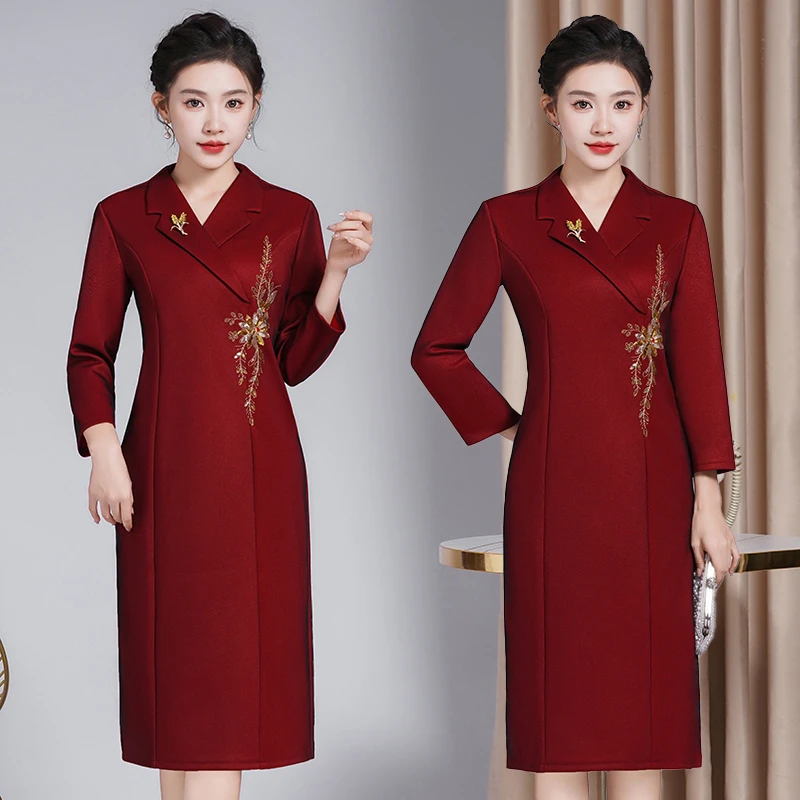 【WX2402/C长袖】秋冬装 喜婆婆喜妈妈西装领连衣裙婚宴礼服裙子