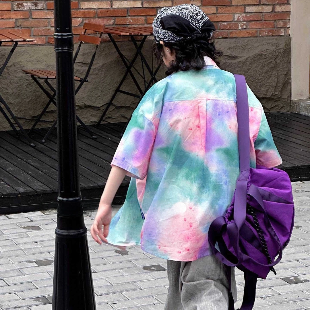 韩版童装男童夏装套装中大童时髦炸街晕染短袖衬衫儿童洋气衬衣潮