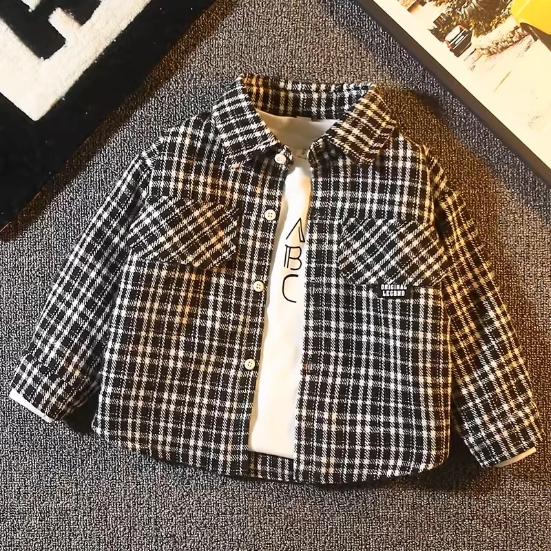 男童衬衫加绒加厚秋冬洋气儿童格子衬衫宝宝冬装磨毛外套
