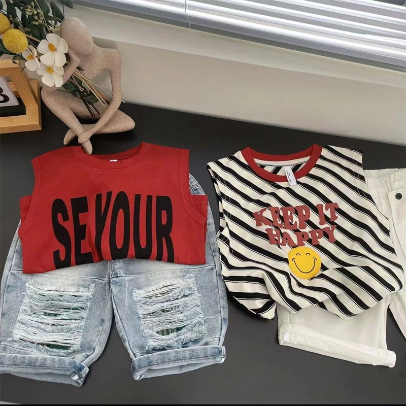 儿童夏季复古条纹背心男童纯棉无袖T恤薄款宝宝圆领洋气上衣潮
