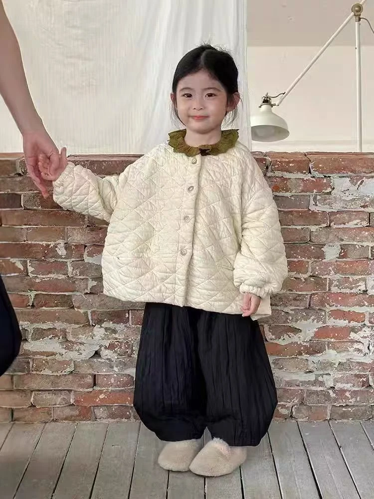 儿童软糯薄棉棉衣2024秋冬韩版男女童加绒夹棉菱形格外套茧型上衣