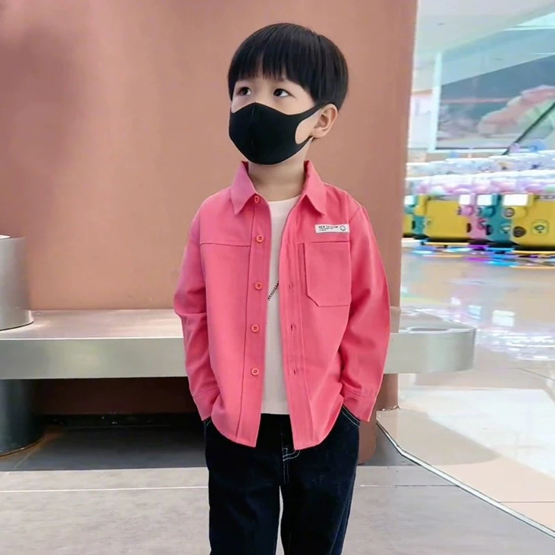 儿童男童长袖外穿衬衫中小童春秋装宝宝翻领洋气宽松粉色衬衣外套