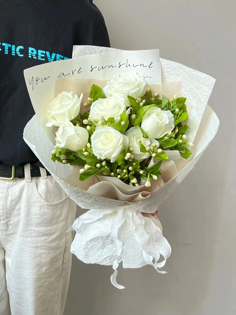 茉莉花开 【7枝白玫瑰茉莉花束】送男朋友送爱人送恋人花束花店送花上门生日鲜花·小时达鲜花同城配送