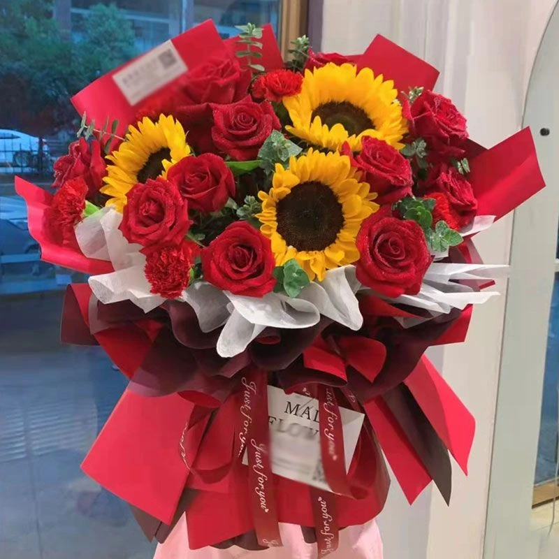 事事顺利♥3枝向日葵混搭10枝红玫瑰康乃馨事业有成送朋友家人乔迁之喜花束 小时达同城配送