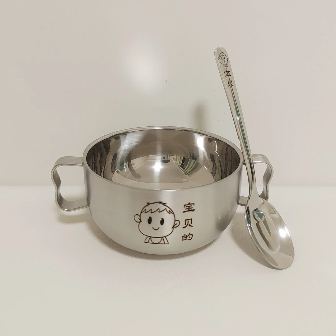 316不锈钢儿童碗双层加厚防摔防烫带把手吃饭碗双耳汤碗宝宝碗