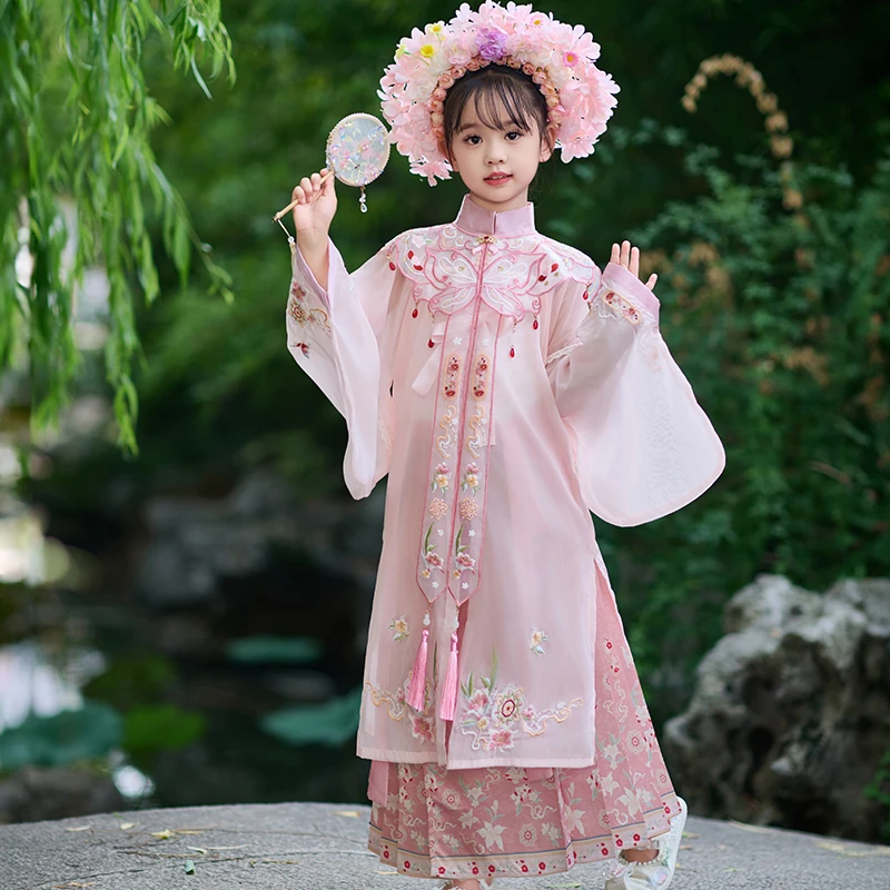 汉服女童长袖衫明制云肩古装秋季薄款中国风古装超仙飘逸儿童汉服