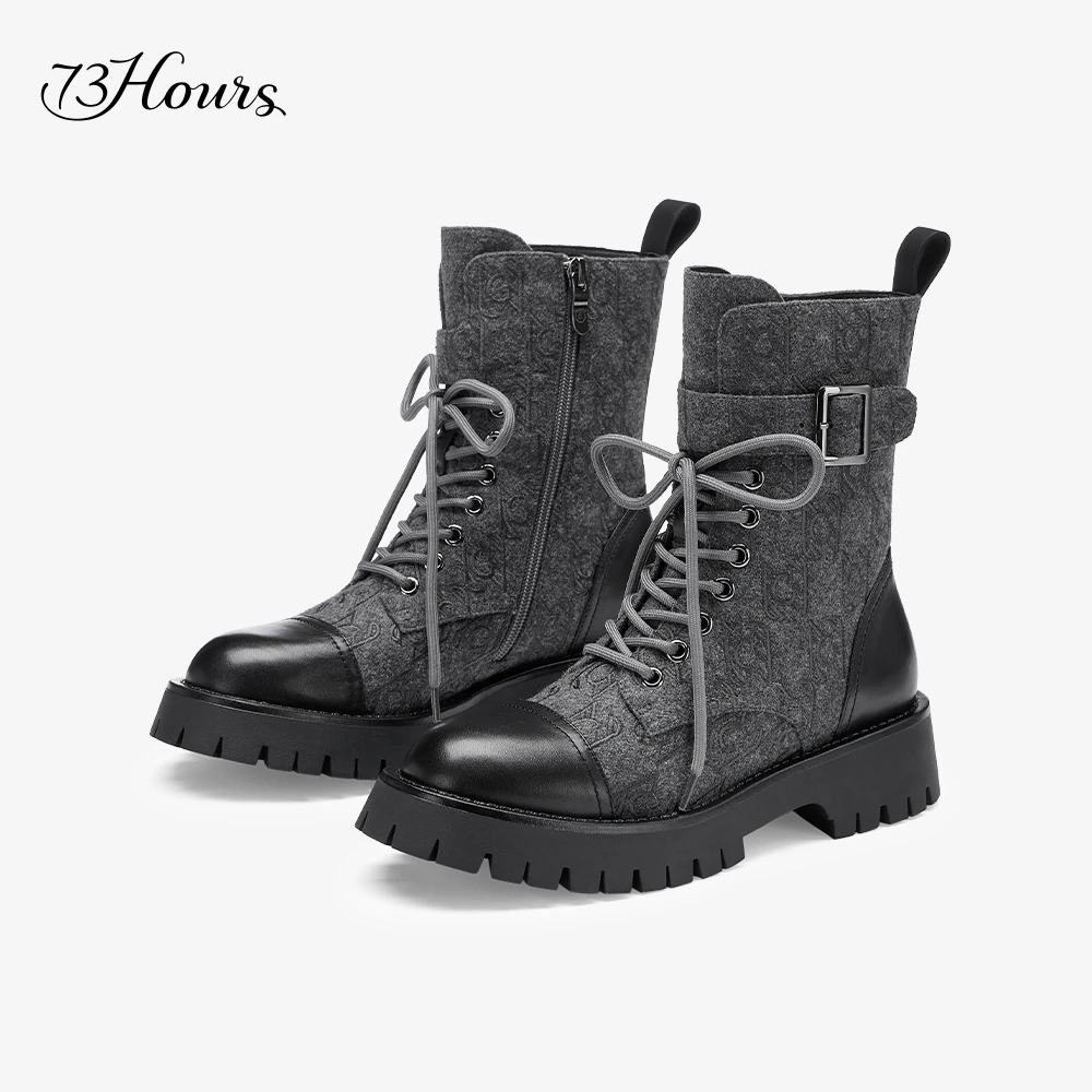 【专场福利】73hours女鞋毛毡拼图冬季新款英伦风马丁靴系带时装