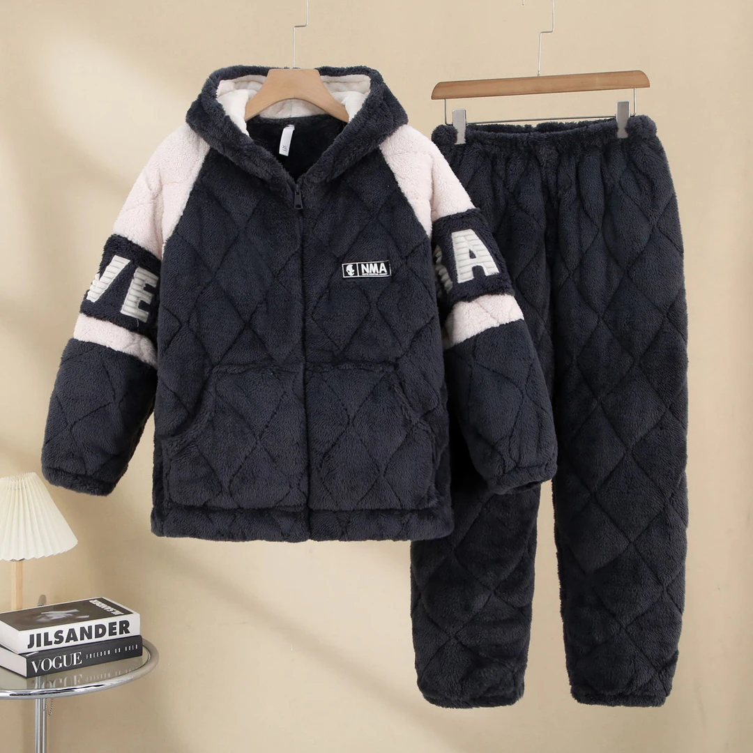 拉链新款男士连帽款三层夹棉加绒加厚睡衣家居服可外保暖穿套装