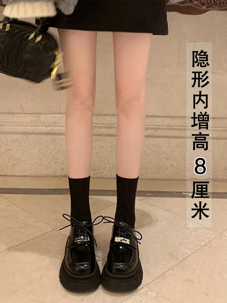 夏季春秋黑色显瘦春夏真皮小皮鞋小个子厚底百搭秋冬英伦风网红