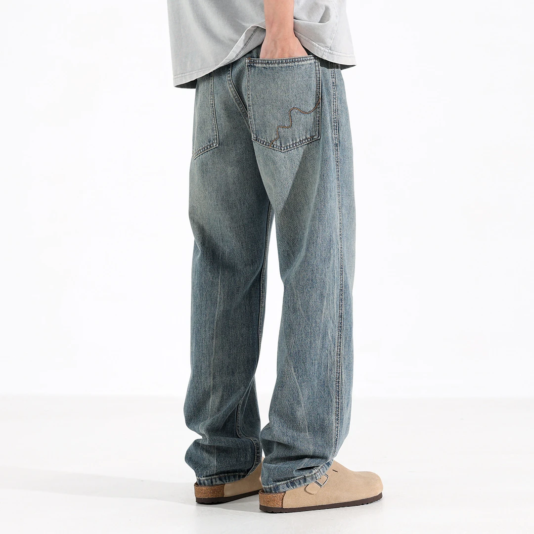 GTLD水洗直筒牛仔裤男美式cleanfit秋季浅色拖地阔腿休闲宽松长裤