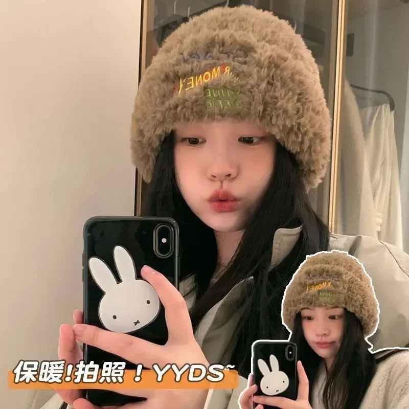 冬季网红加厚保暖毛线帽毛茸茸针织帽女百搭显脸毛绒帽子学生E688