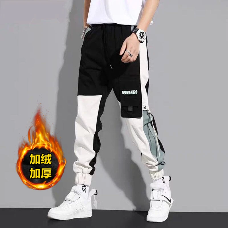 加绒加厚裤子男冬季潮牌宽松束脚工装裤男学生韩版潮流工作休闲裤