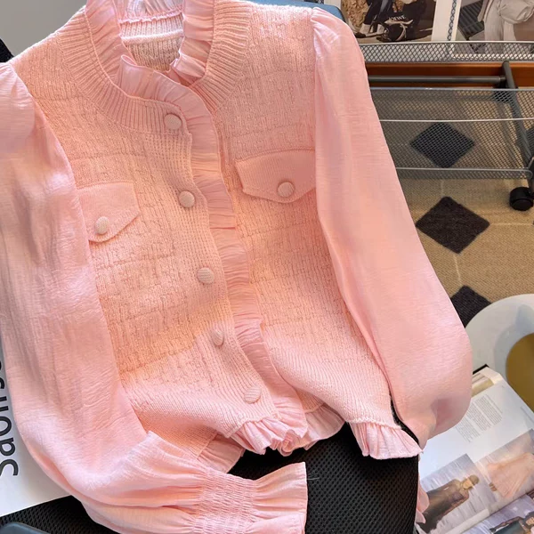 Y239067   法式立领针织开衫女秋冬花瓣袖气质甜美小衫