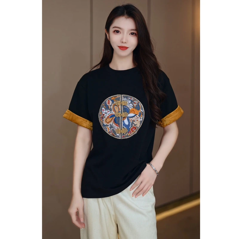 芙娜妮新中式气质时尚宽松刺绣短袖T恤女夏季小个子新款F2410531A