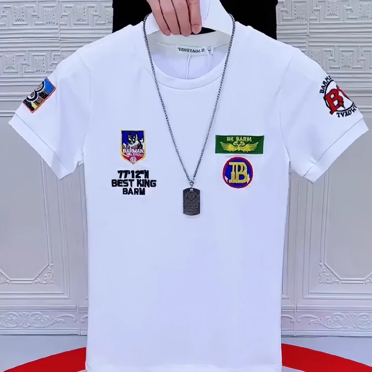 圆领短袖t恤男夏季刺绣字母帅气高级感潮流网红半袖修身体恤上衣1