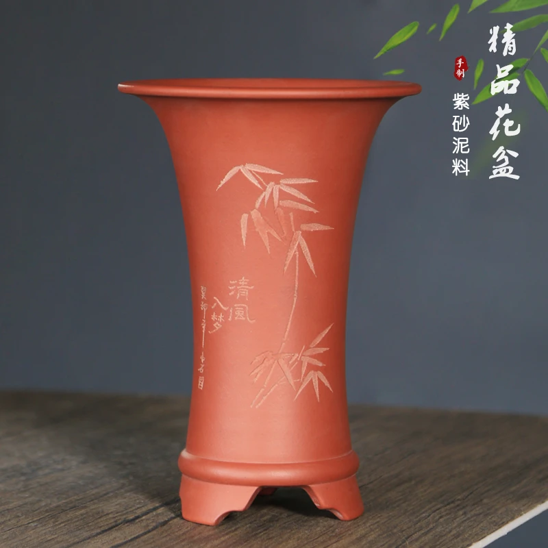 神力精品紫砂花盆红清水泥束腰高档瓢口兰花盆春兰建兰盆家具摆设