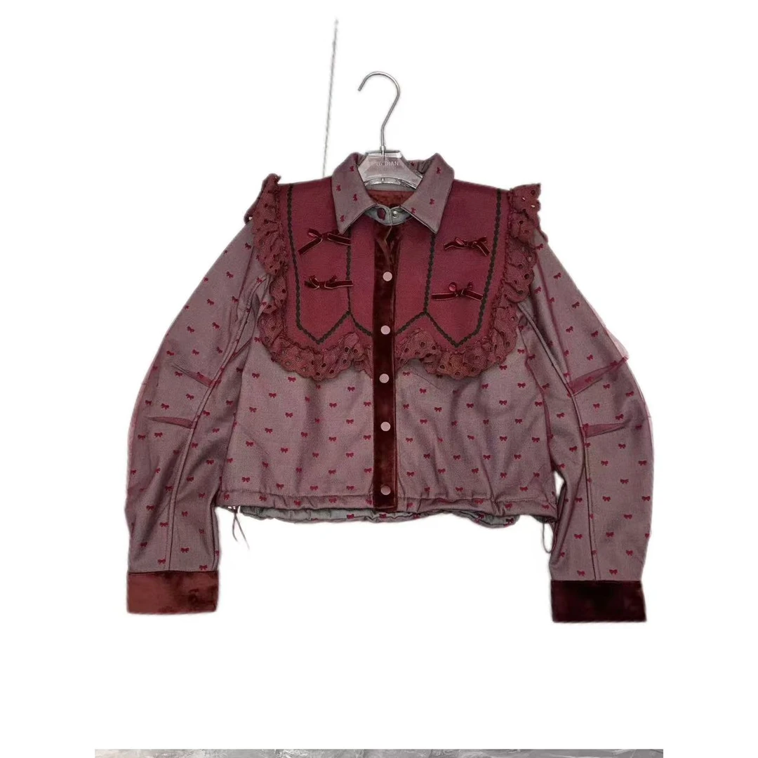 【王小小211-1】长袖假两件衬衫女木耳边拼接polo领衬衣设计感上衣