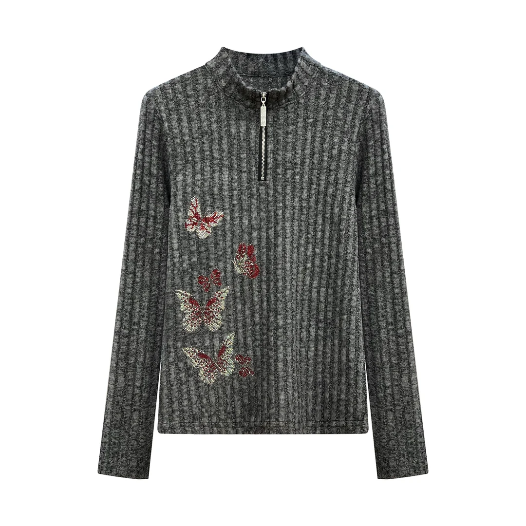 Robert Girme【蝶舞翩翩 】时尚蝴蝶烫钻百搭休闲针织上衣#0009