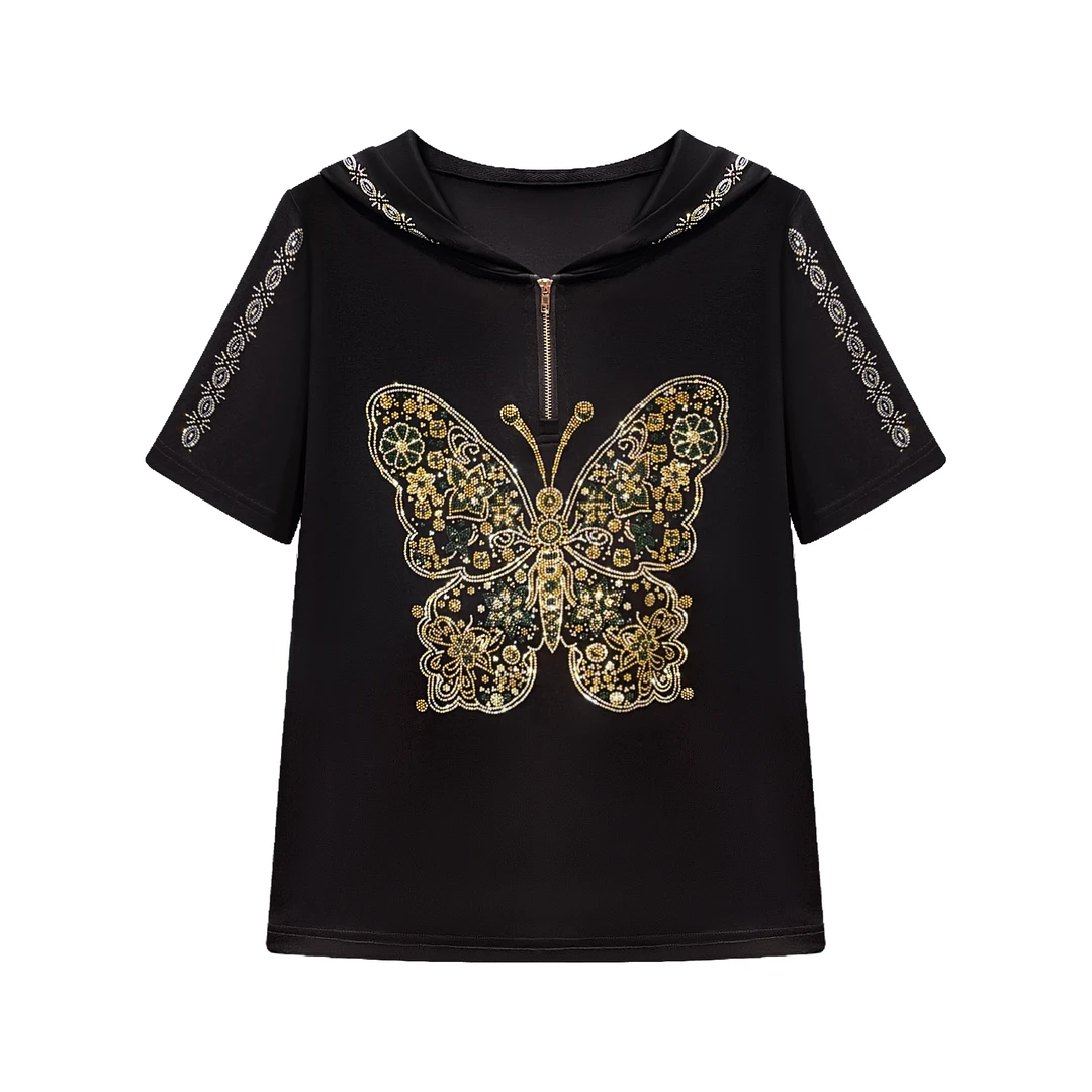 Robert Girme夏季设计师款轻奢蕾丝镂空蝴蝶气质上衣#7944