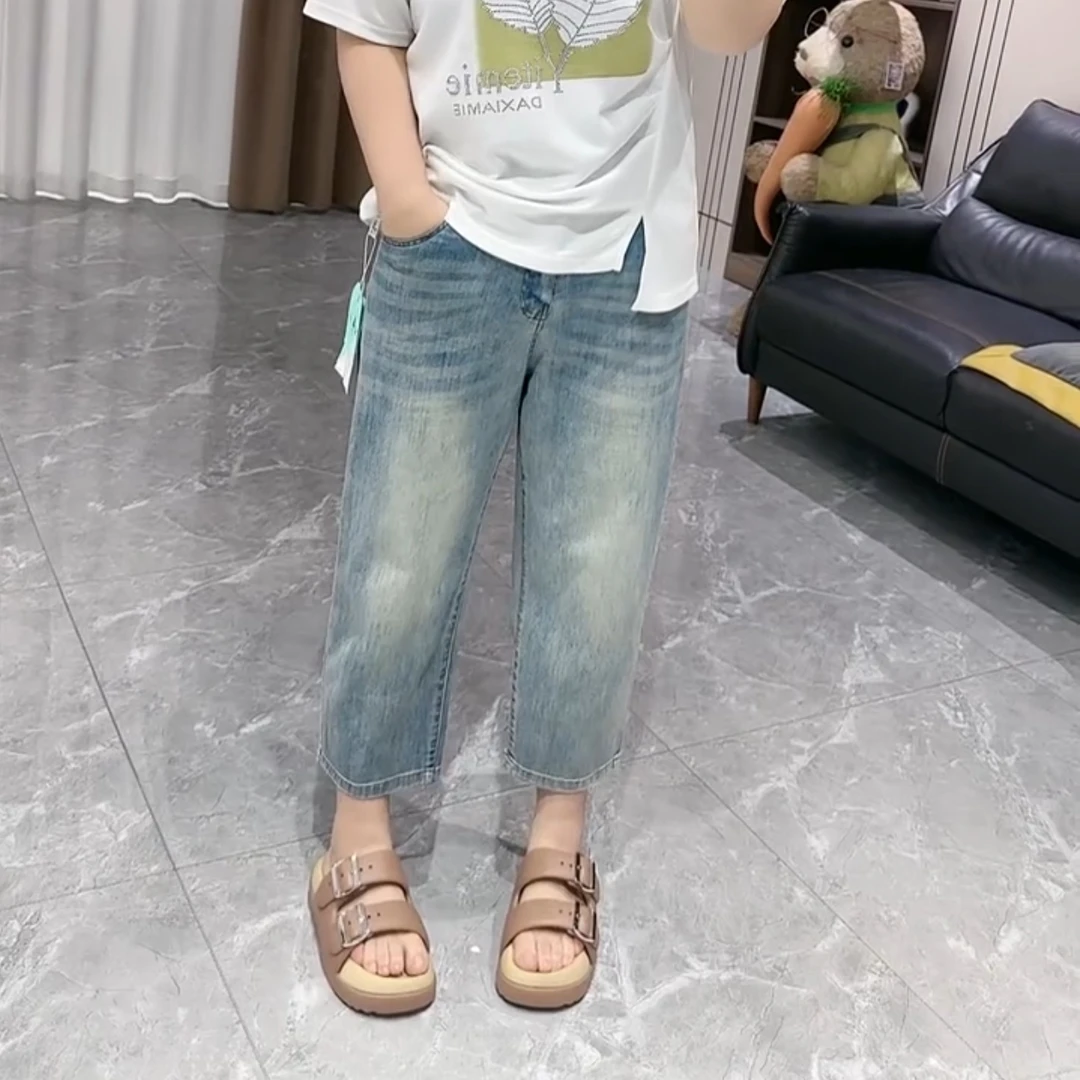 8935夏季新款大码显瘦百搭直筒牛仔裤(牛仔掉浮色属正常现在）