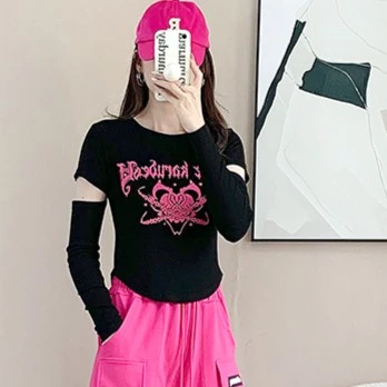 短款t恤女秋长袖时尚洋气跳舞蹈显瘦爵士广场舞短上衣运动打底衫