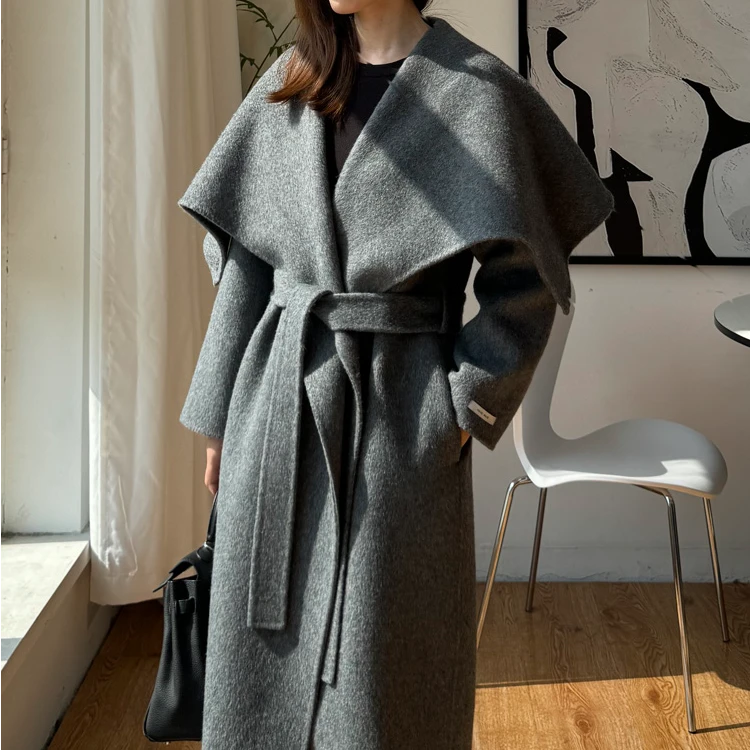 秋冬新款灰色双面羊毛大衣大翻领长款浴袍慵懒宽松毛呢外套女