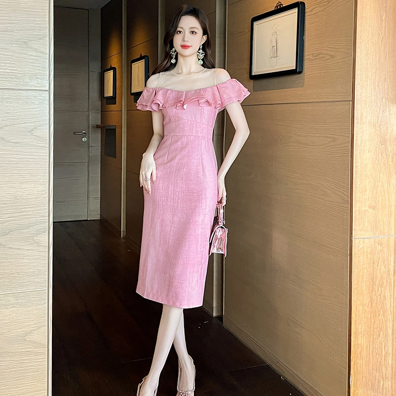 粉色礼服裙2025夏季新款女名媛荷叶边一字领收腰显瘦连衣裙21351