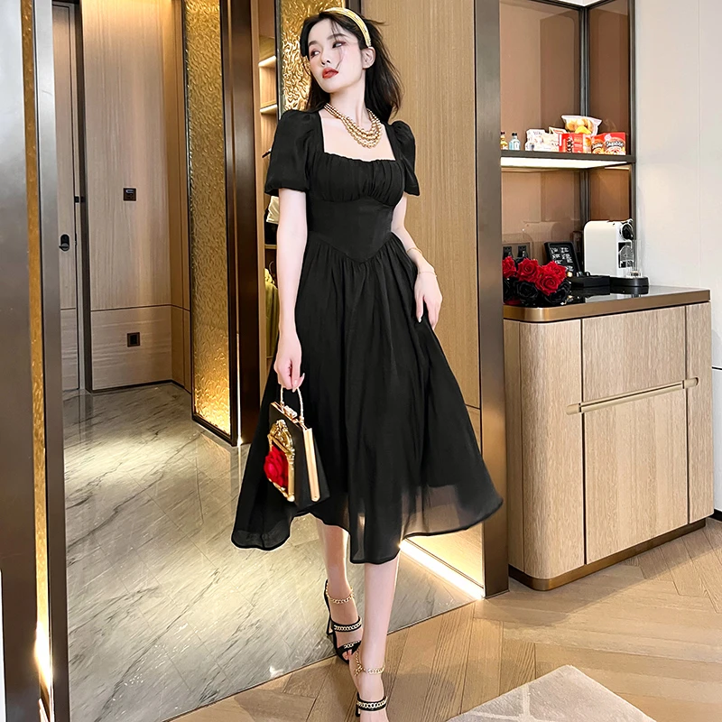 20082收腰洋气夏季时尚中长款度假显瘦大摆连衣裙气质黑色裙子
