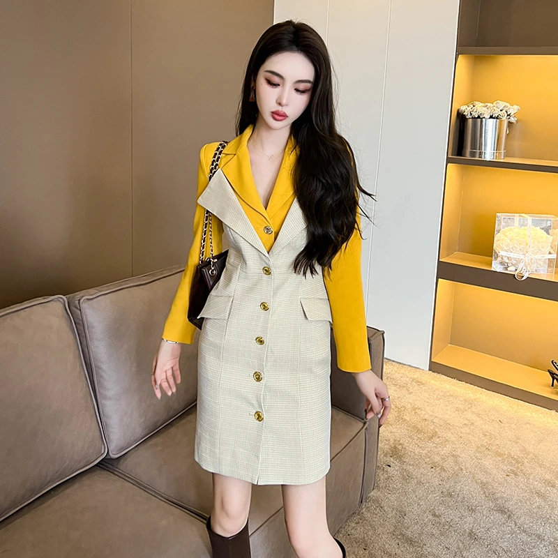 20187春装新款职业气质假两件包臀西装裙御姐格纹修身显瘦连衣裙