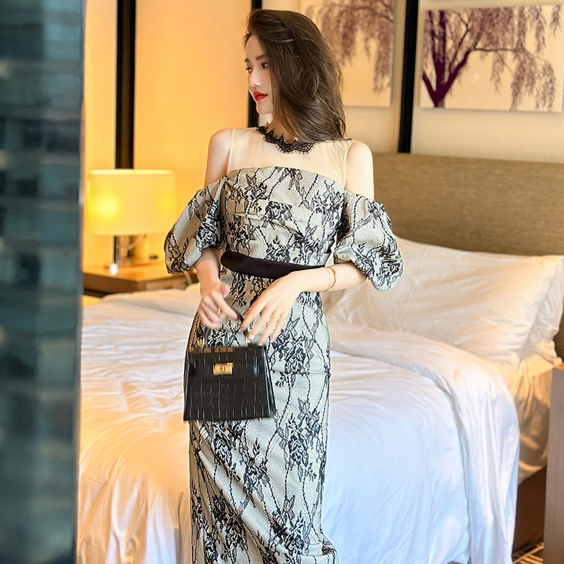 黑色长款礼服裙2024夏季新款女装法式一字领修身蕾丝连衣裙50349