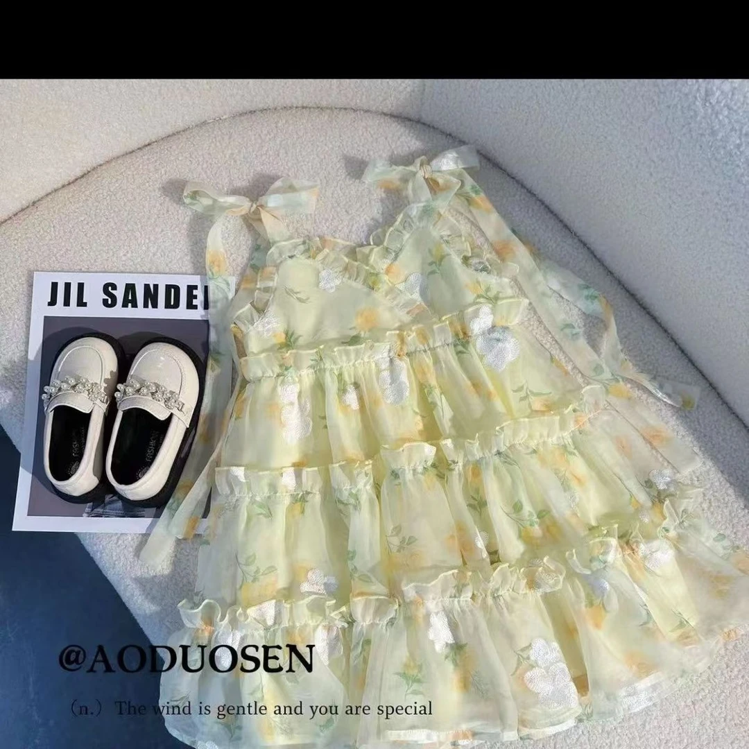 女童吊带连衣裙夏装2025新款碎花裙子夏天儿童公主裙渐变丁达尔风