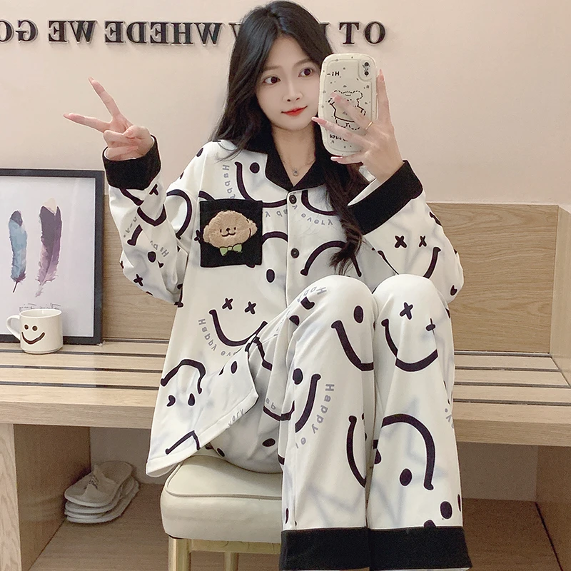 睡衣女春秋款条纹卡通可爱德绒保暖加厚冬天可外穿长袖家居服套装