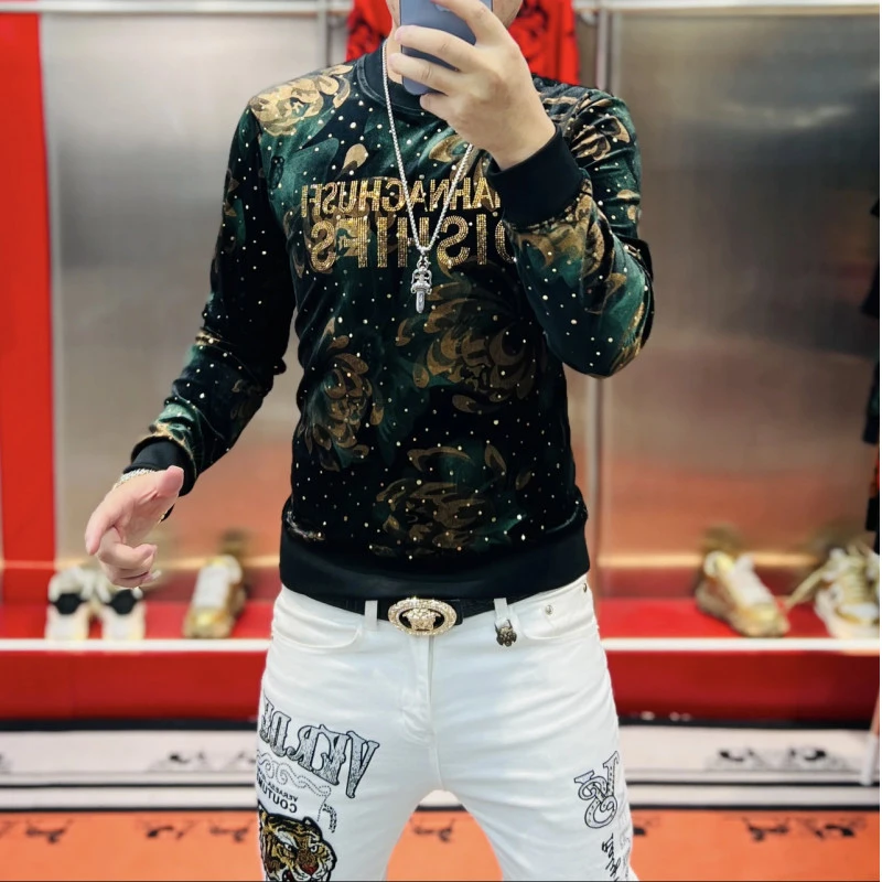 秋季新款高清提花烫钻金玫瑰时尚百搭网红欧货男士长袖打底卫衣潮