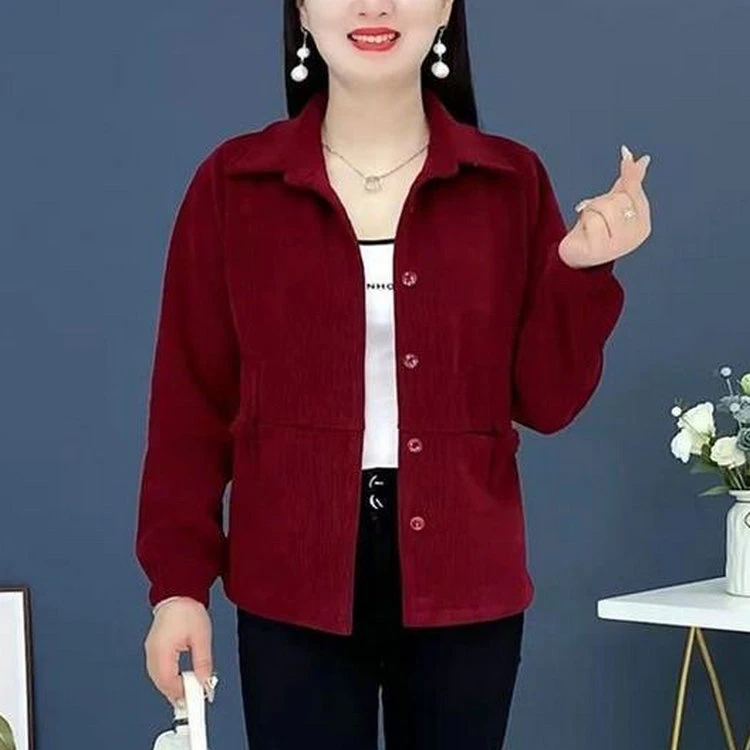 中老年女装秋冬灯芯绒外套短款上衣妈妈冬季加绒加厚长袖百搭外套