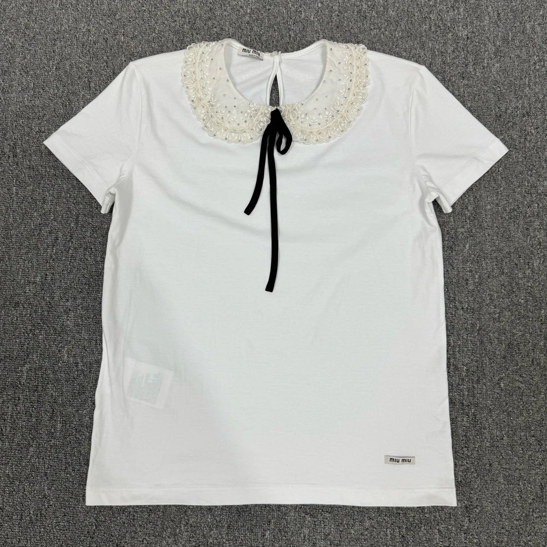 Miu Miu缪缪 白色泡泡领飘带珍珠短袖 S码98新 10353230