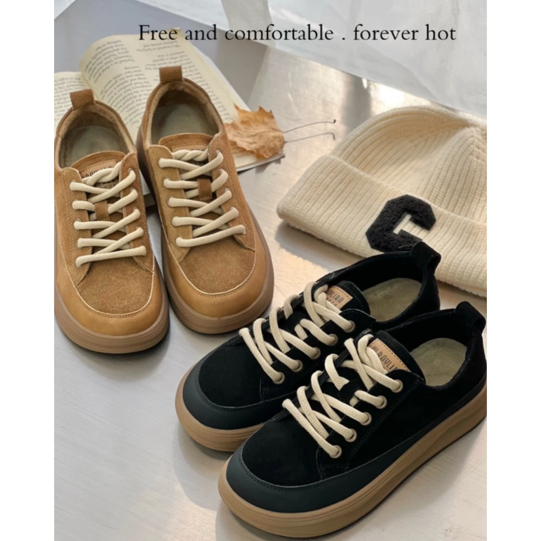 2024秋冬款软底拼色磨砂皮舒适女板鞋复古小众