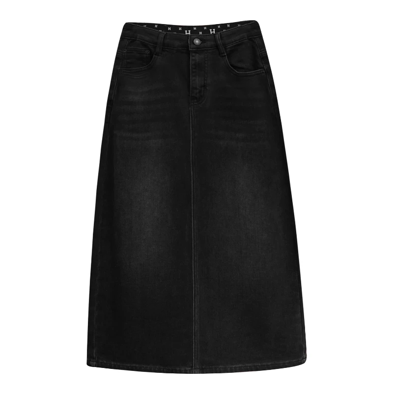 四面弹-植绒·后开叉品牌-A字牛仔裙秋冬保暖高腰显瘦内紧腰