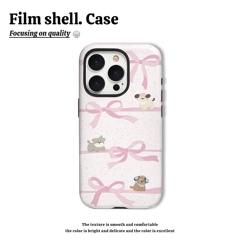 三只狗狗粉底蝴蝶结手机壳适用苹果15华为oppo小米菲林二合一荣耀