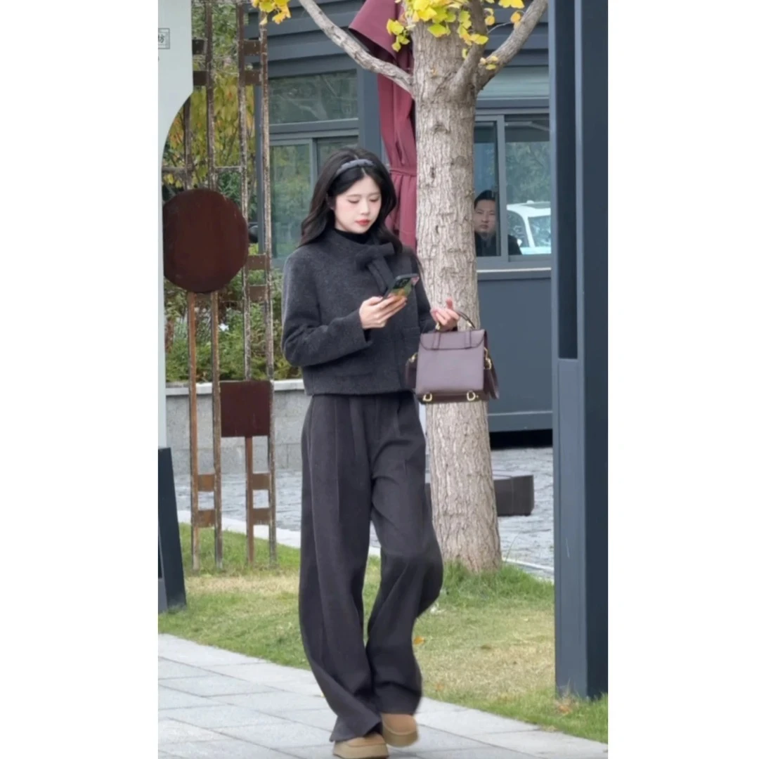 法式小香风蝴蝶结短外套高腰显瘦百搭阔腿裤两件套毛呢气质秋冬