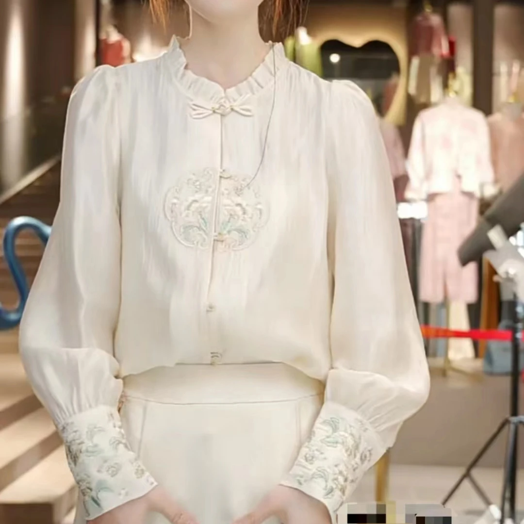 2024新中式新款醋酸别致中国风刺绣长袖上衣气质时尚立领衬衫