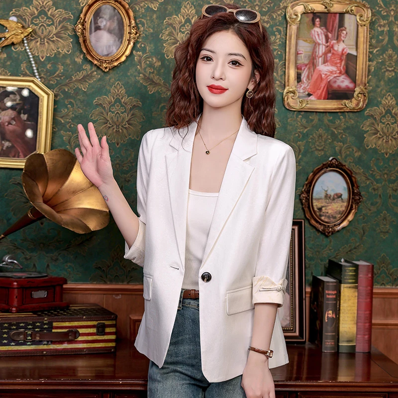 休闲新小个子新款白色中式西装外套国风女薄款西服夏季七分袖气质
