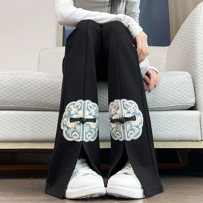 国风微喇裤子女春秋款2025新款垂坠感直筒裤新中式前开叉喇叭裤子