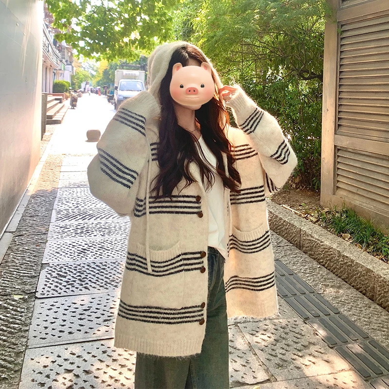 慵懒风撞色条纹连帽毛衣外套女秋冬季韩系宽松中长款针织开衫上衣