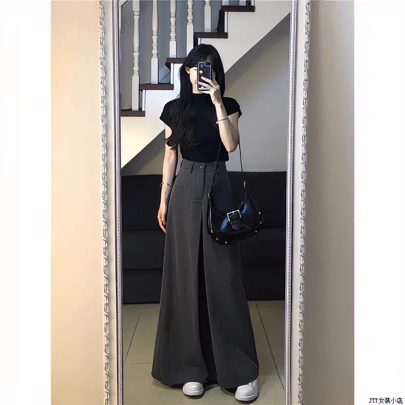 夏季新款小个子盐系轻熟穿搭套装女茶系显瘦网红炸街阔腿裤两件套