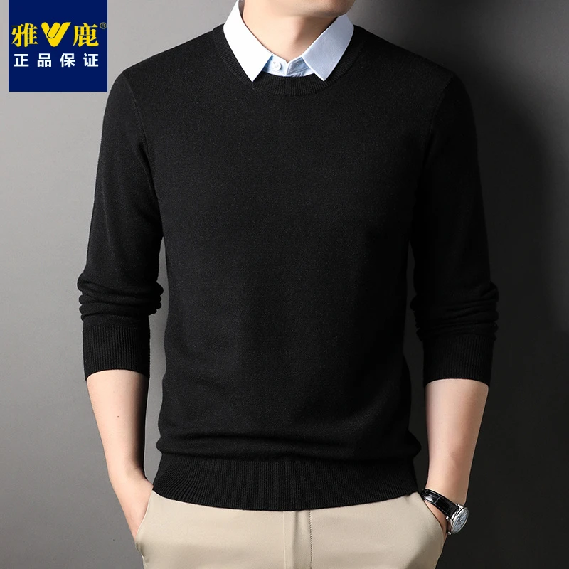 雅鹿男士毛衣秋冬新款假两件衬衫领套头加厚针织休闲百搭打底衫