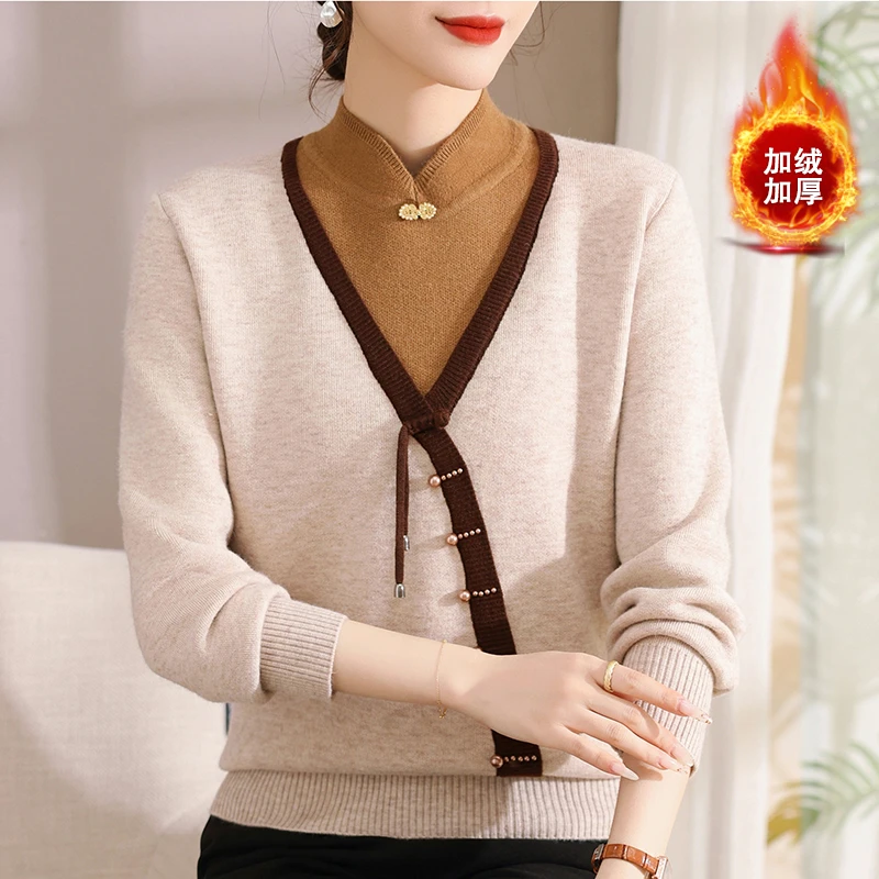 小个子妈妈冬装毛衣加绒针织衫2024新款中老年秋冬加厚打底上衣女