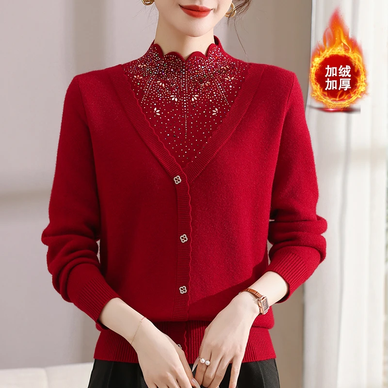 中老年妈妈装针织衫加厚毛衣秋冬保暖打底长袖上衣